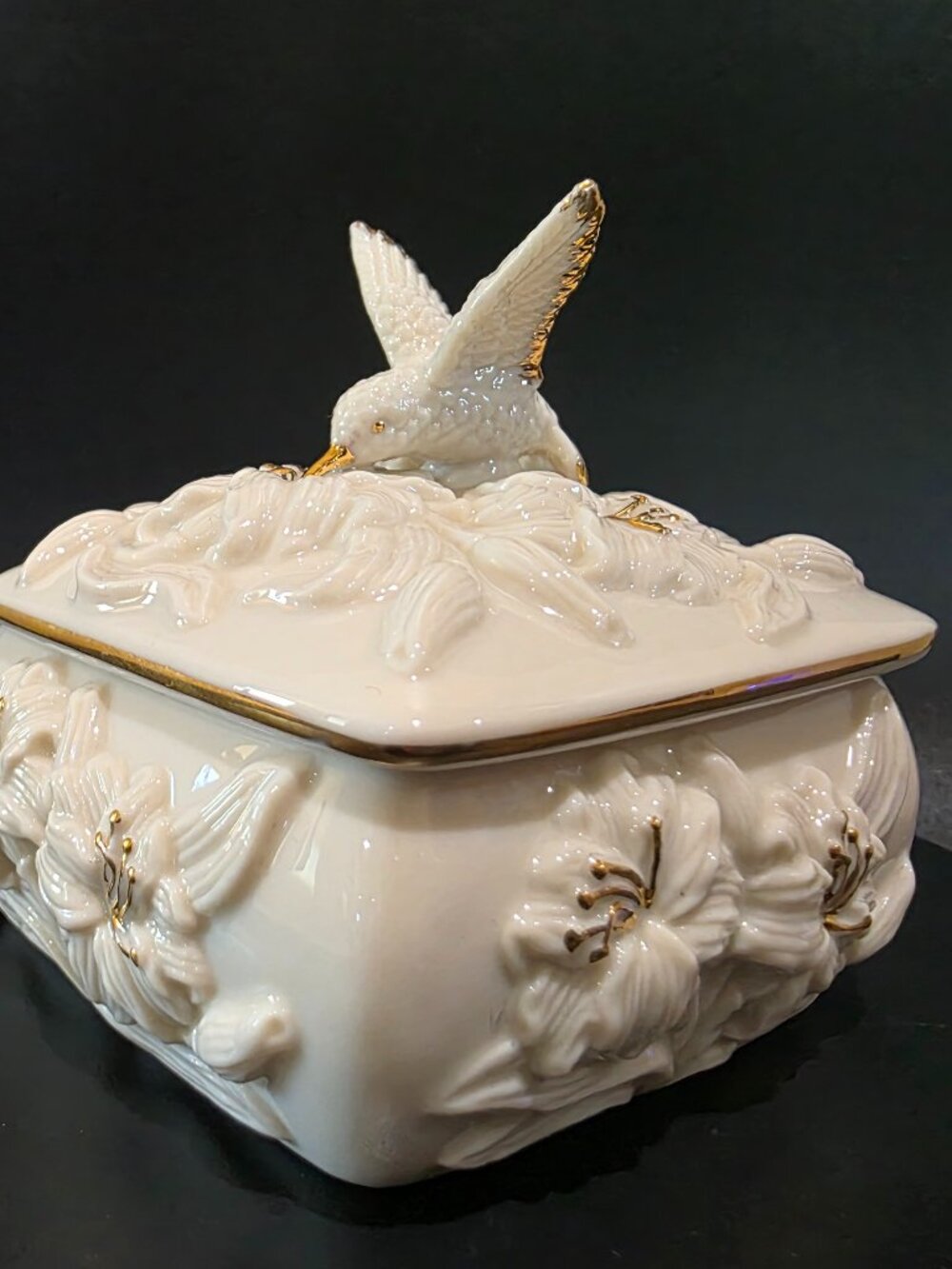 Vintage Lenox "The Enchanted Hummingbird" Porcelain Trinket Box - 24k Gold Trim